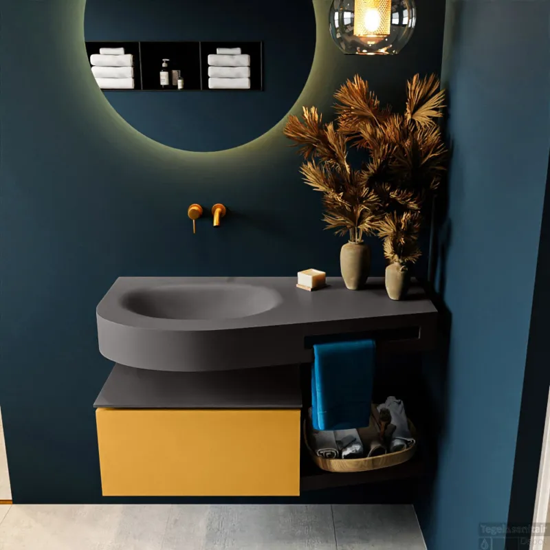 Bestel Nu MONDIAZ RIVA 100cm badmeubel onderkast / planchet kleur Ocher met 1 lade. Wastafel DULCET links 0 kraangaten kleur Dark_Grey.
