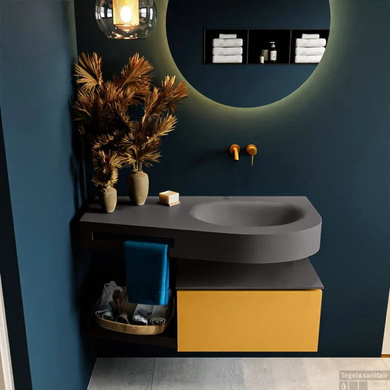 Korting MONDIAZ RIVA 100cm badmeubel onderkast / planchet kleur Ocher met 1 lade. Wastafel DULCET rechts 0 kraangaten kleur Dark_Grey.