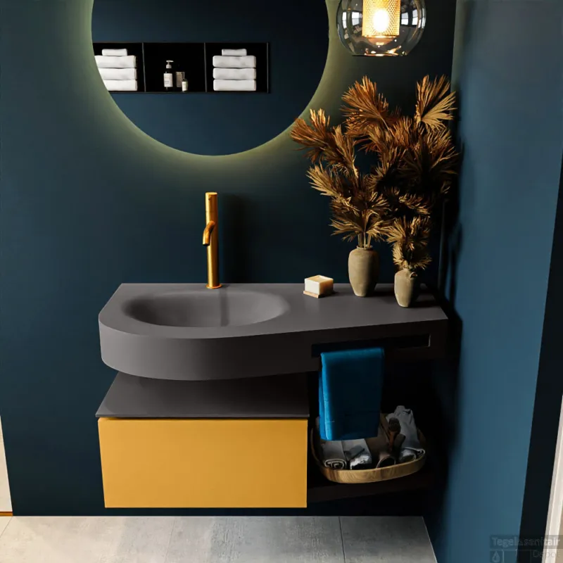 Direct Verzonden MONDIAZ RIVA 100cm badmeubel onderkast / planchet kleur Ocher met 1 lade. Wastafel DULCET links 1 kraangat kleur Dark_Grey.