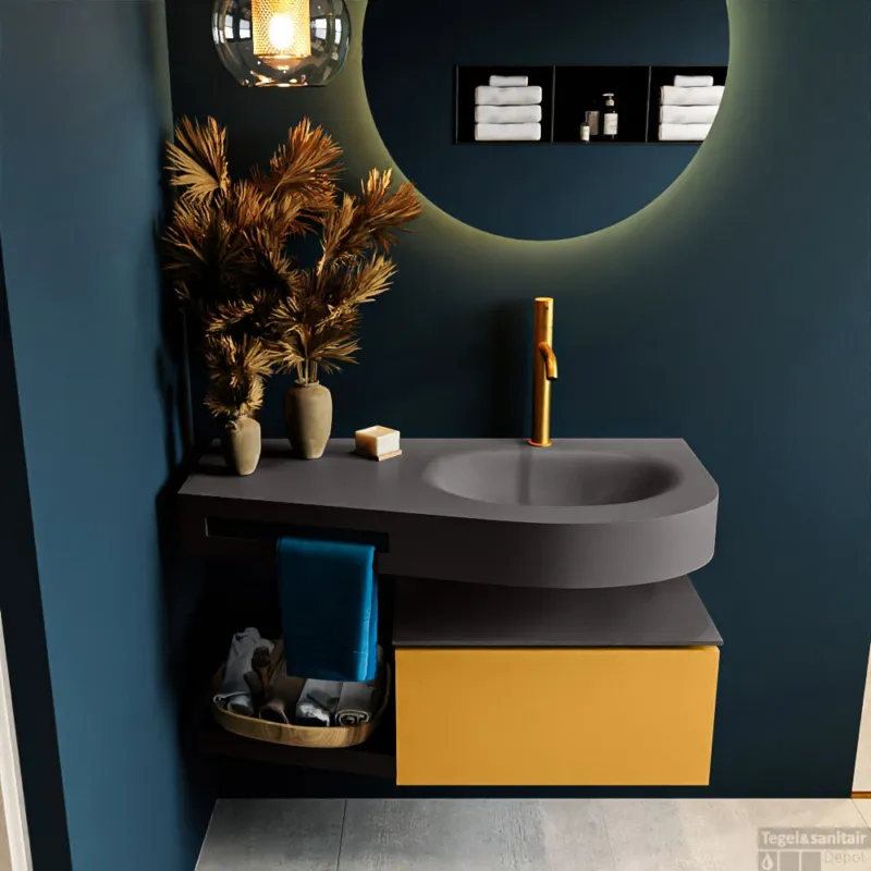 Actieprijs MONDIAZ RIVA 100cm badmeubel onderkast / planchet kleur Ocher met 1 lade. Wastafel DULCET rechts 1 kraangat kleur Dark_Grey.