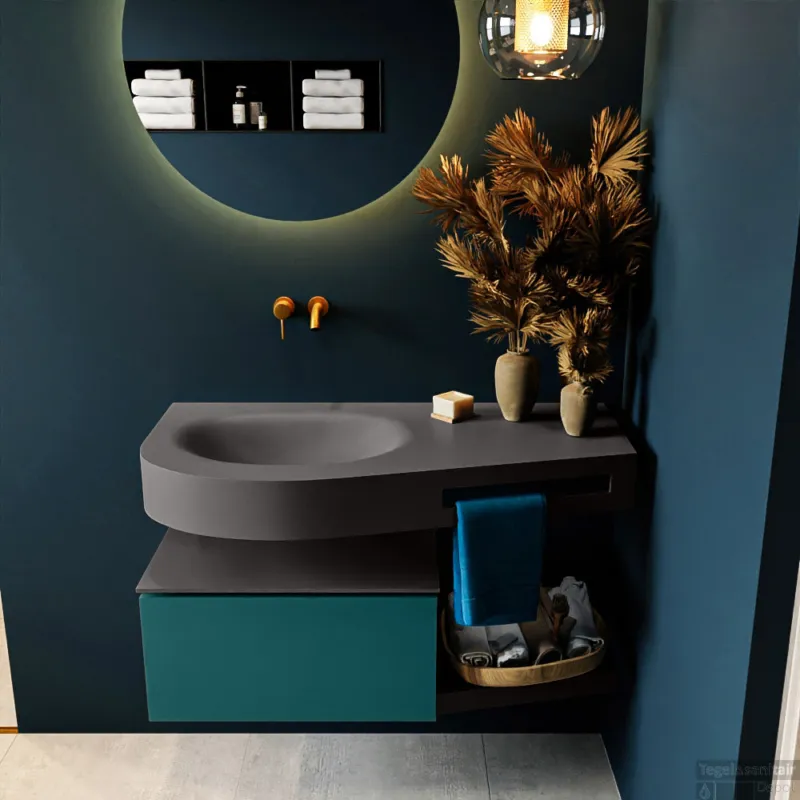 MONDIAZ RIVA 100cm badmeubel onderkast / planchet kleur Smag met 1 lade. Wastafel DULCET links 0 kraangaten kleur Dark_Grey. Bestel Nu