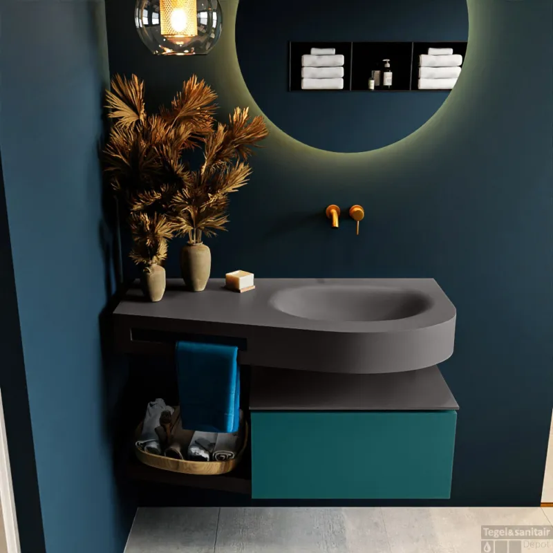 Betaalbaar MONDIAZ RIVA 100cm badmeubel onderkast / planchet kleur Smag met 1 lade. Wastafel DULCET rechts 0 kraangaten kleur Dark_Grey.
