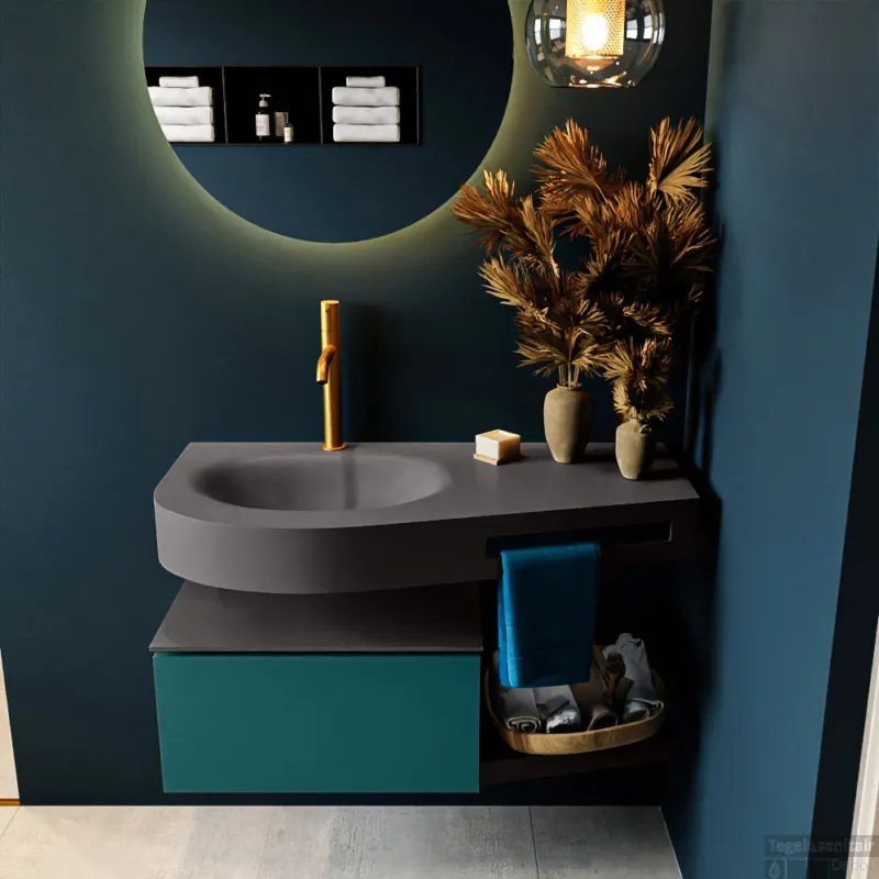 MONDIAZ RIVA 100cm badmeubel onderkast / planchet kleur Smag met 1 lade. Wastafel DULCET links 1 kraangat kleur Dark_Grey. Merkproduct