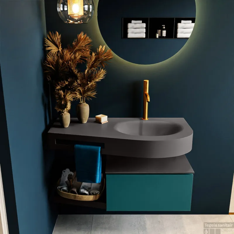 MONDIAZ RIVA 100cm badmeubel onderkast / planchet kleur Smag met 1 lade. Wastafel DULCET rechts 1 kraangat kleur Dark_Grey. Hete Deal