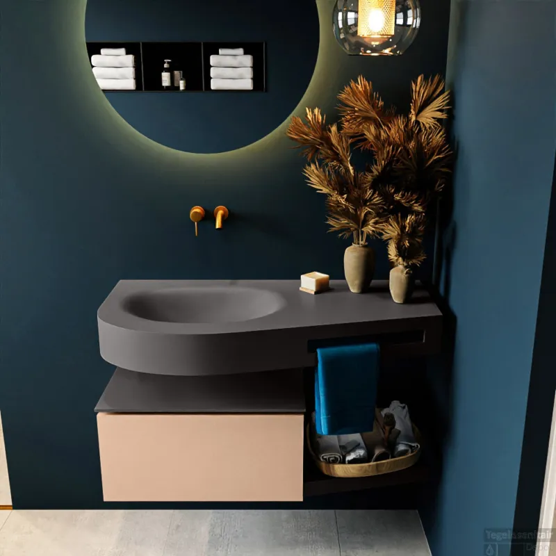 Direct Verzonden MONDIAZ RIVA 100cm badmeubel onderkast / planchet kleur Rosee met 1 lade. Wastafel DULCET links 0 kraangaten kleur Dark_Grey.