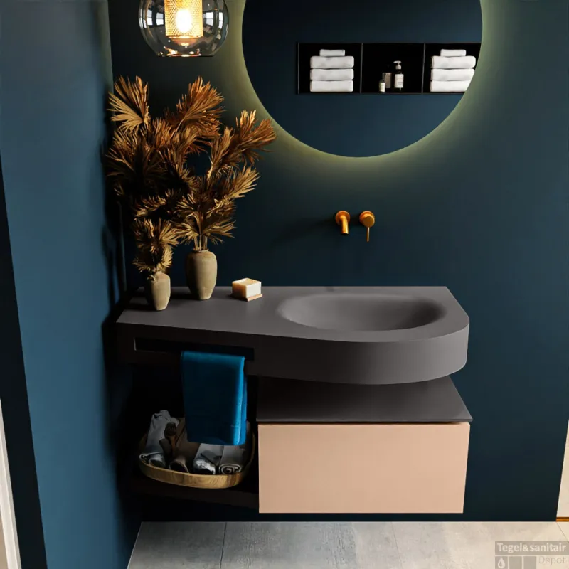 MONDIAZ RIVA 100cm badmeubel onderkast / planchet kleur Rosee met 1 lade. Wastafel DULCET rechts 0 kraangaten kleur Dark_Grey. Betrouwbaar