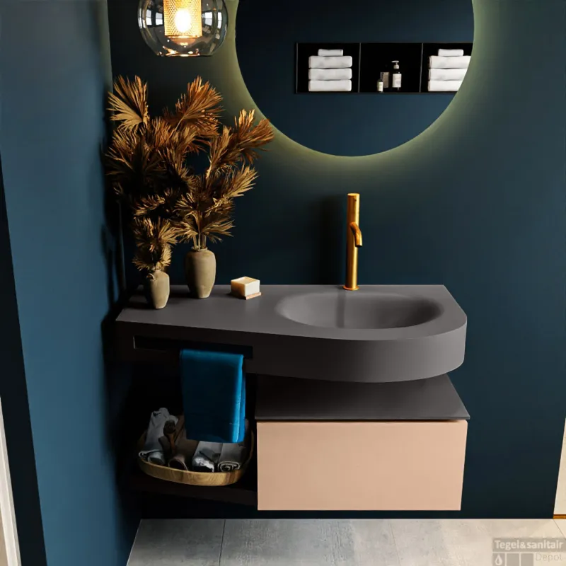 Direct Verzonden MONDIAZ RIVA 100cm badmeubel onderkast / planchet kleur Rosee met 1 lade. Wastafel DULCET rechts 1 kraangat kleur Dark_Grey.