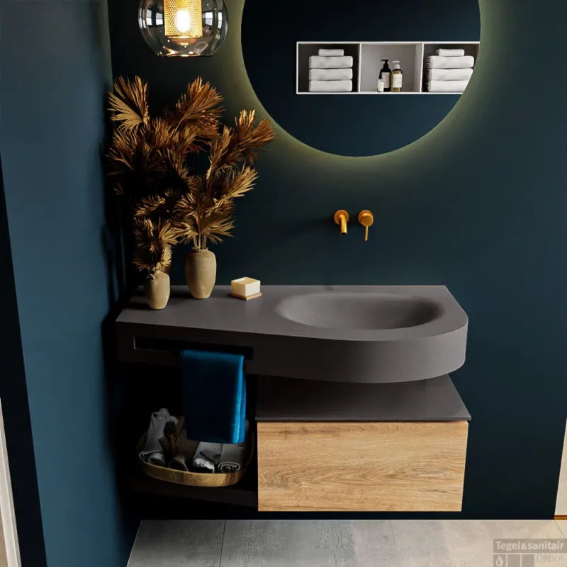 Lage Prijs MONDIAZ RIVA 100cm badmeubel onderkast / planchet kleur Washed_Oak met 1 lade. Wastafel DULCET rechts 0 kraangaten kleur Dark_Grey.