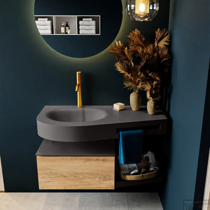 MONDIAZ RIVA 100cm badmeubel onderkast / planchet kleur Washed_Oak met 1 lade. Wastafel DULCET links 1 kraangat kleur Dark_Grey. Gereduceerde Prijs