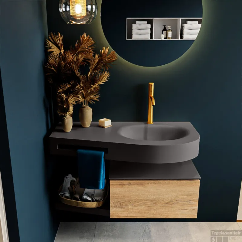 MONDIAZ RIVA 100cm badmeubel onderkast / planchet kleur Washed_Oak met 1 lade. Wastafel DULCET rechts 1 kraangat kleur Dark_Grey. Lage Kosten