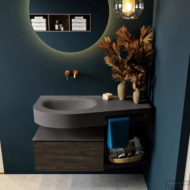 Lage Prijs MONDIAZ RIVA 100cm badmeubel onderkast / planchet kleur Dark_Brown met 1 lade. Wastafel DULCET links 0 kraangaten kleur Dark_Grey.