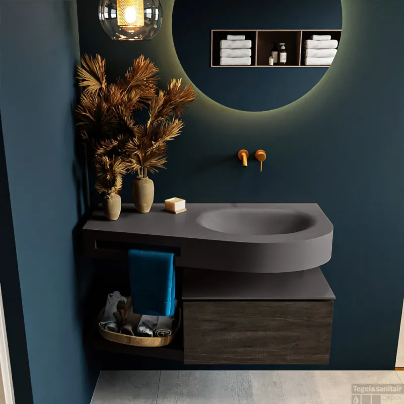 Actieprijs MONDIAZ RIVA 100cm badmeubel onderkast / planchet kleur Dark_Brown met 1 lade. Wastafel DULCET rechts 0 kraangaten kleur Dark_Grey.