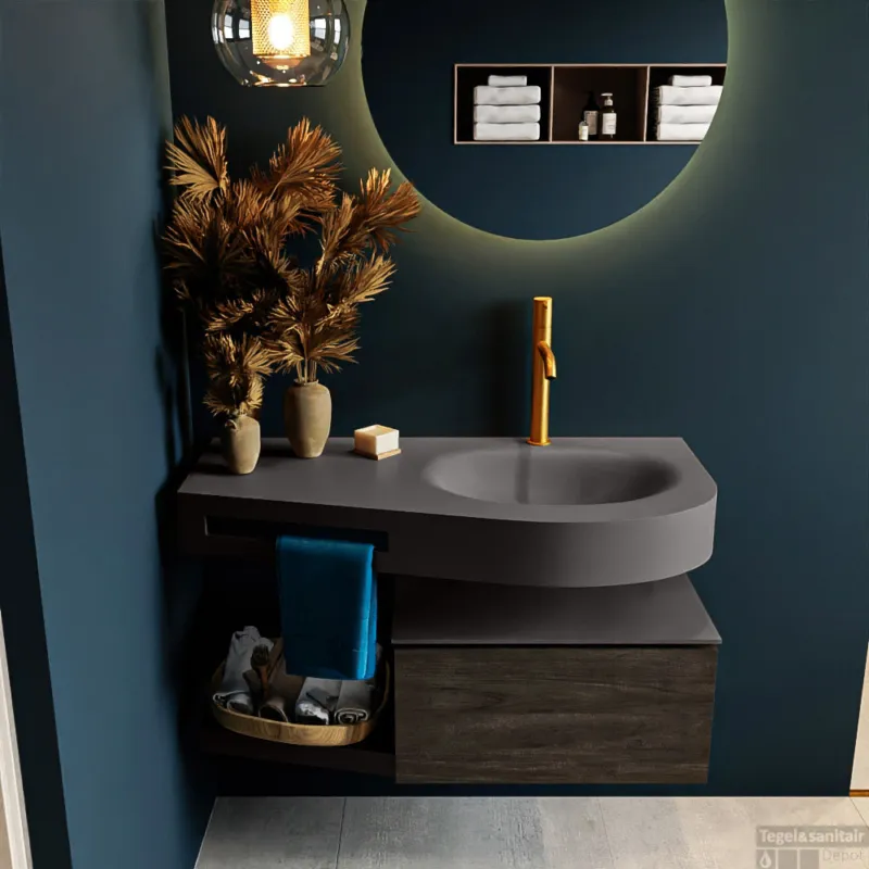 MONDIAZ RIVA 100cm badmeubel onderkast / planchet kleur Dark_Brown met 1 lade. Wastafel DULCET rechts 1 kraangat kleur Dark_Grey. Betrouwbaar