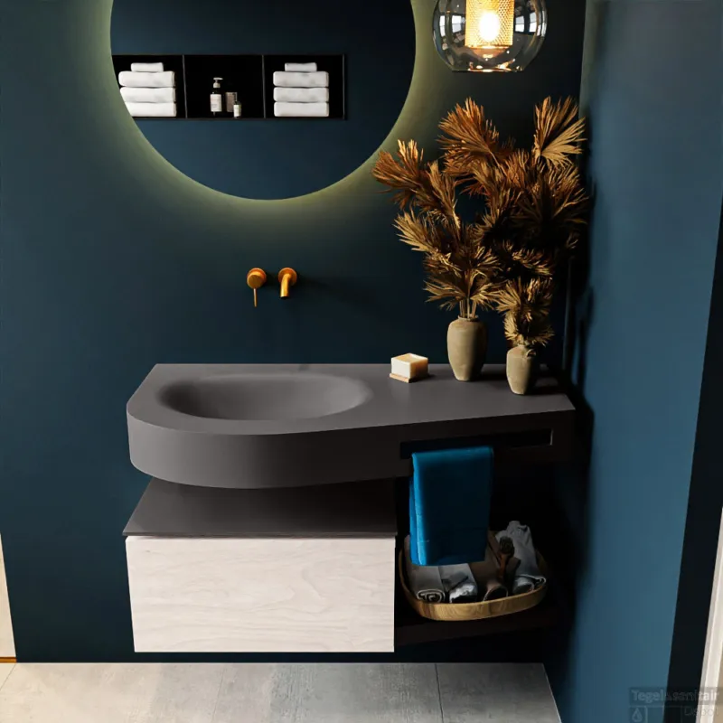 MONDIAZ RIVA 100cm badmeubel onderkast / planchet kleur Underlayment met 1 lade. Wastafel DULCET links 0 kraangaten kleur Dark_Grey. Speciale Aanbieding