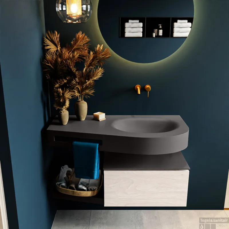 Merkproduct MONDIAZ RIVA 100cm badmeubel onderkast / planchet kleur Underlayment met 1 lade. Wastafel DULCET rechts 0 kraangaten kleur Dark_Grey.