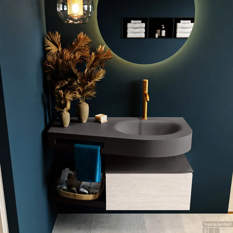 MONDIAZ RIVA 100cm badmeubel onderkast / planchet kleur Underlayment met 1 lade. Wastafel DULCET rechts 1 kraangat kleur Dark_Grey. Lage Prijs