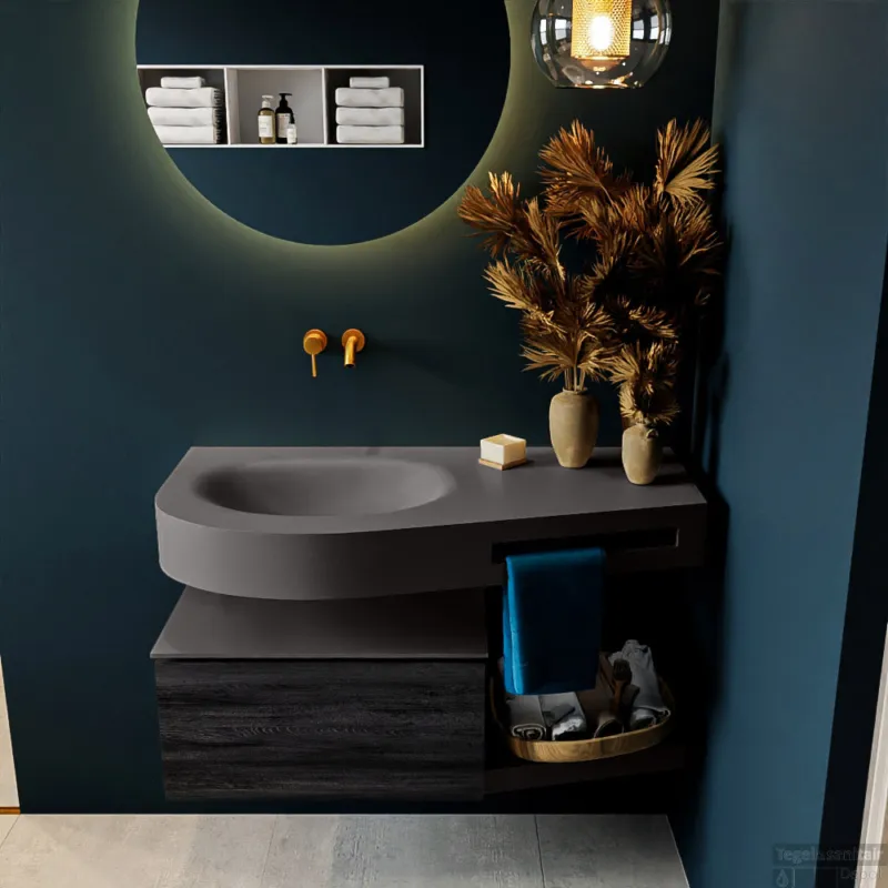 Beperkt Aanbod MONDIAZ RIVA 100cm badmeubel onderkast / planchet kleur Antracite met 1 lade. Wastafel DULCET links 0 kraangaten kleur Dark_Grey.