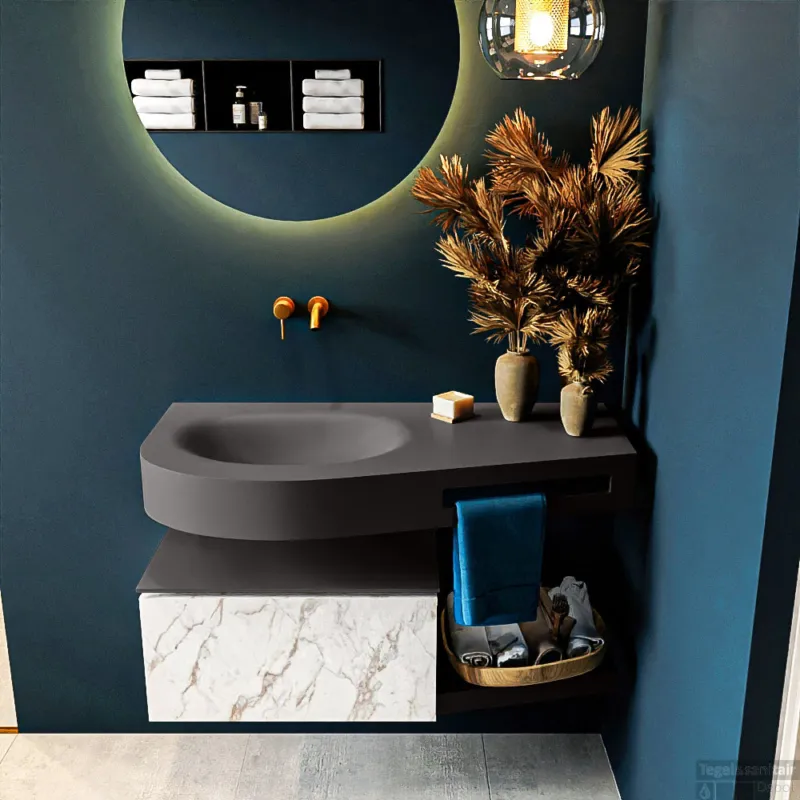 Fabrieksprijs MONDIAZ RIVA 100cm badmeubel onderkast / planchet kleur carrara met 1 lade. Wastafel DULCET links 0 kraangaten kleur Dark_Grey.