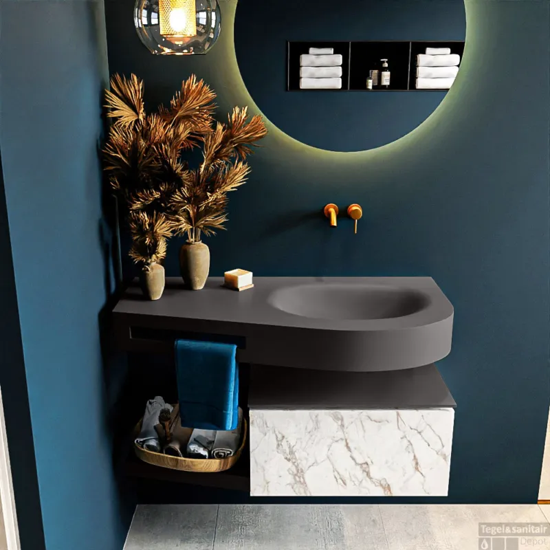 Beperkte Voorraad MONDIAZ RIVA 100cm badmeubel onderkast / planchet kleur carrara met 1 lade. Wastafel DULCET rechts 0 kraangaten kleur Dark_Grey.