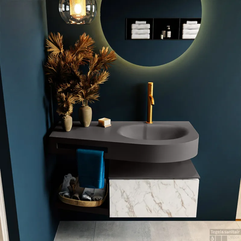 Express Levering MONDIAZ RIVA 100cm badmeubel onderkast / planchet kleur carrara met 1 lade. Wastafel DULCET rechts 1 kraangat kleur Dark_Grey.