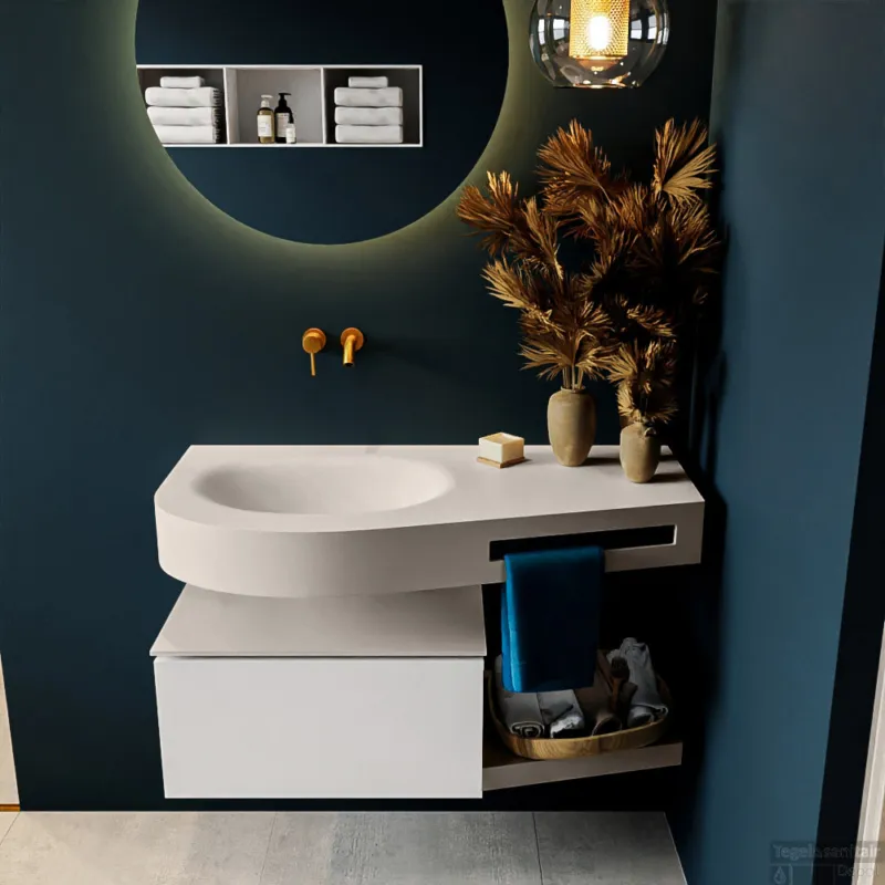 MONDIAZ RIVA 100cm badmeubel onderkast / planchet kleur Talc met 1 lade. Wastafel DULCET links 0 kraangaten kleur Linen. Uitverkoop