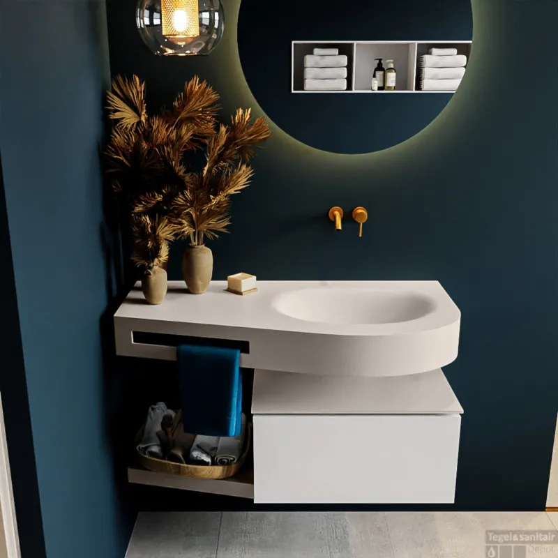 Dagaanbieding MONDIAZ RIVA 100cm badmeubel onderkast / planchet kleur Talc met 1 lade. Wastafel DULCET rechts 0 kraangaten kleur Linen.