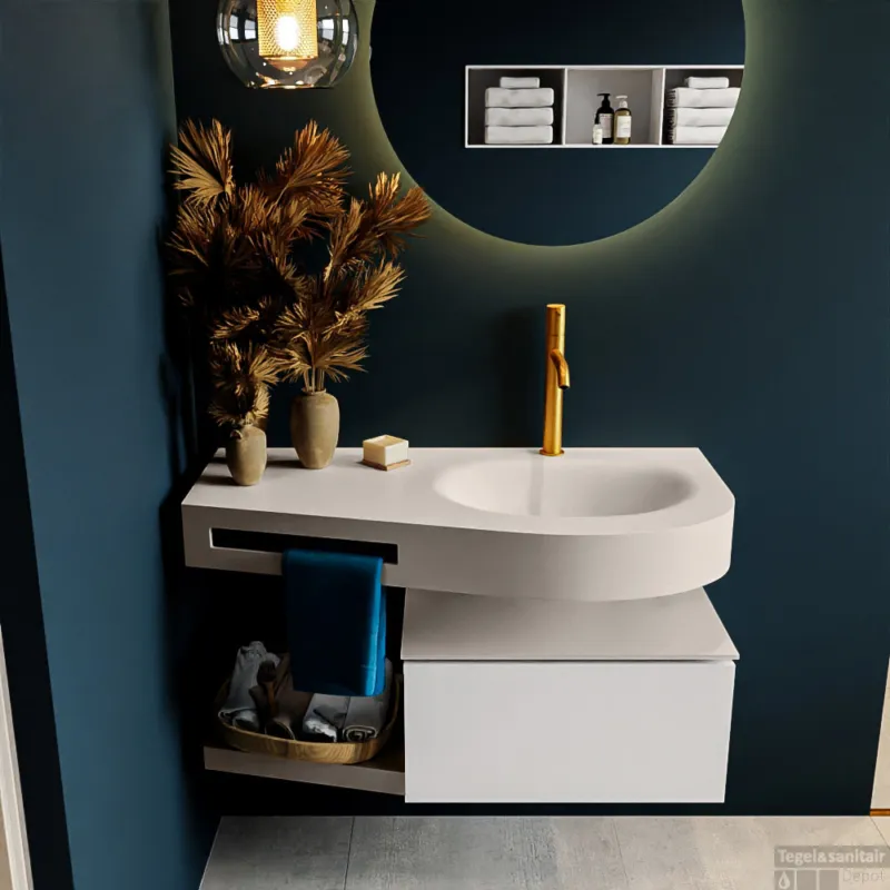 MONDIAZ RIVA 100cm badmeubel onderkast / planchet kleur Talc met 1 lade. Wastafel DULCET rechts 1 kraangat kleur Linen. Gratis Retour