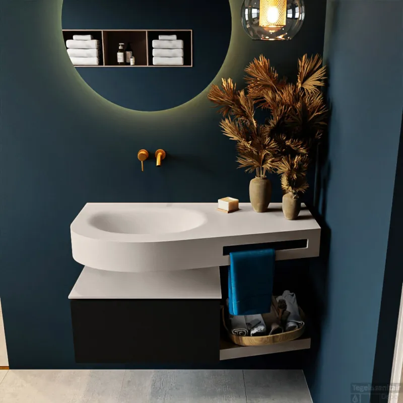 MONDIAZ RIVA 100cm badmeubel onderkast / planchet kleur Urban met 1 lade. Wastafel DULCET links 0 kraangaten kleur Linen. Direct Verzonden