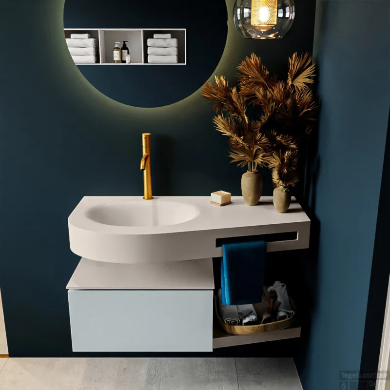 Must-Have MONDIAZ RIVA 100cm badmeubel onderkast / planchet kleur Clay met 1 lade. Wastafel DULCET links 1 kraangat kleur Linen.