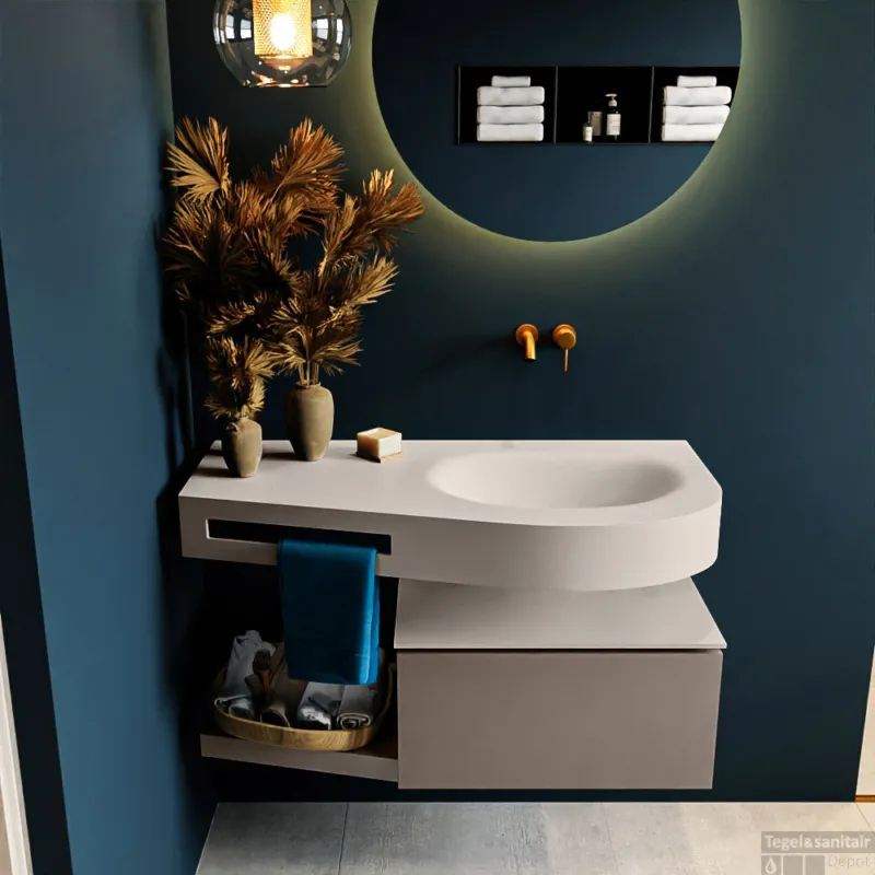 MONDIAZ RIVA 100cm badmeubel onderkast / planchet kleur Smoke met 1 lade. Wastafel DULCET rechts 0 kraangaten kleur Linen. Dagaanbieding