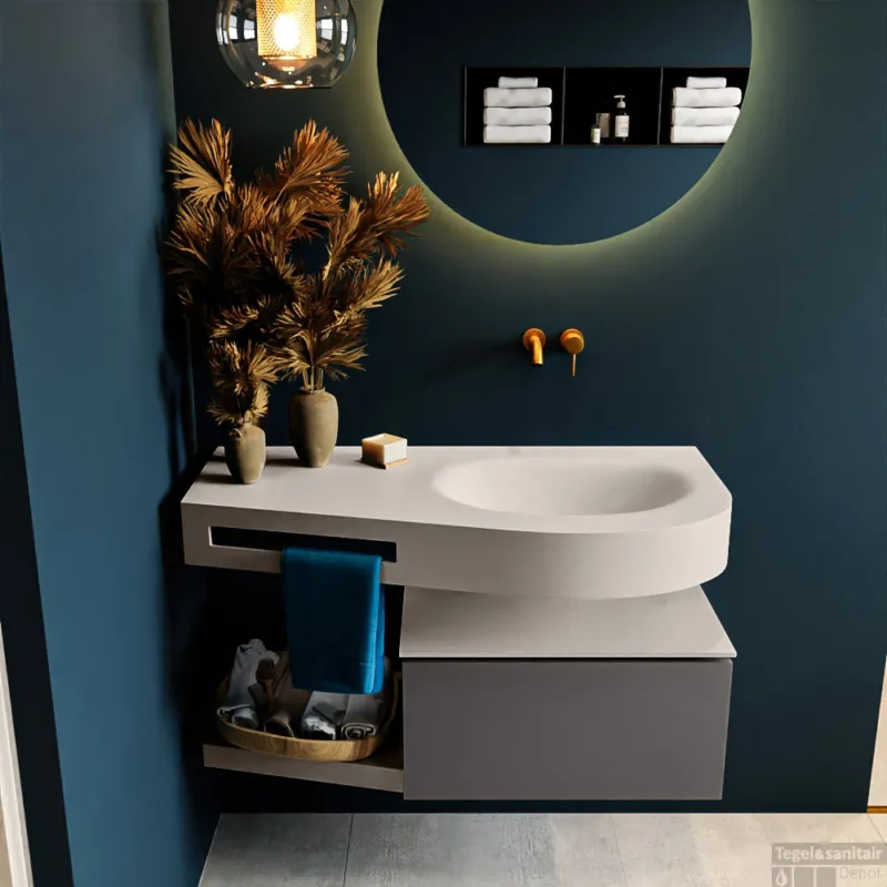 MONDIAZ RIVA 100cm badmeubel onderkast / planchet kleur Dark_Grey met 1 lade. Wastafel DULCET rechts 0 kraangaten kleur Linen. Weekendaanbieding