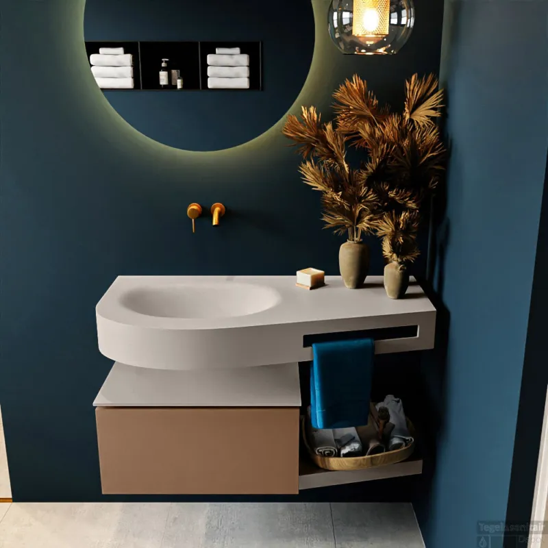 Bestseller MONDIAZ RIVA 100cm badmeubel onderkast / planchet kleur Rust met 1 lade. Wastafel DULCET links 0 kraangaten kleur Linen.