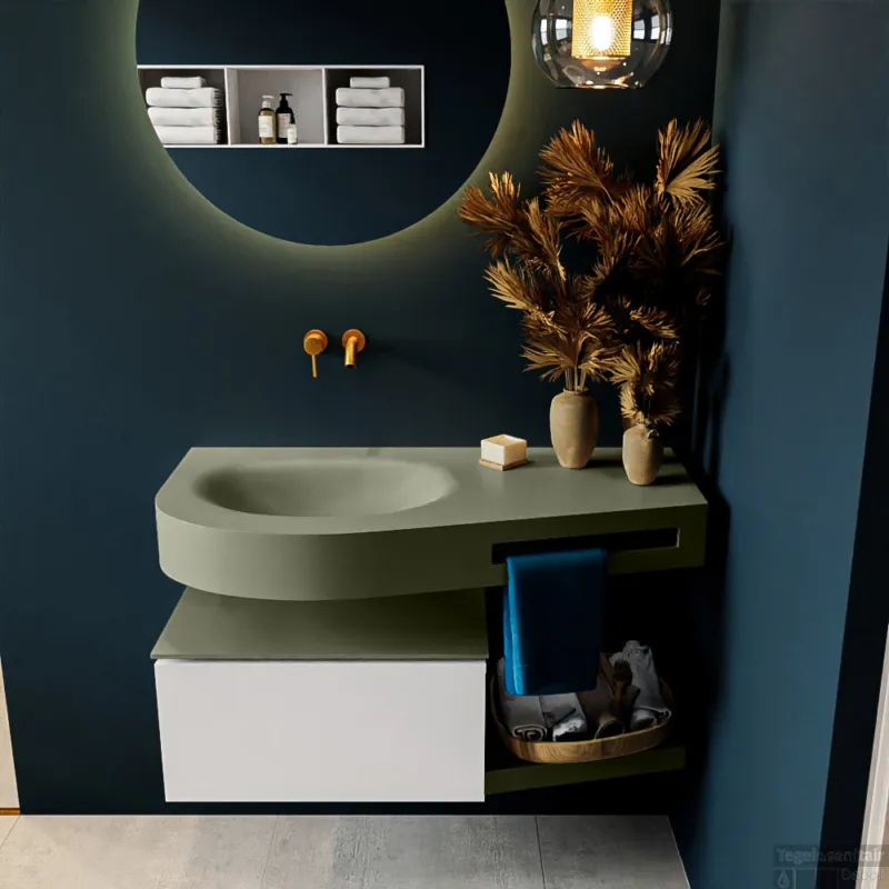 Dagaanbieding MONDIAZ RIVA 100cm badmeubel onderkast / planchet kleur Talc met 1 lade. Wastafel DULCET links 0 kraangaten kleur Army.