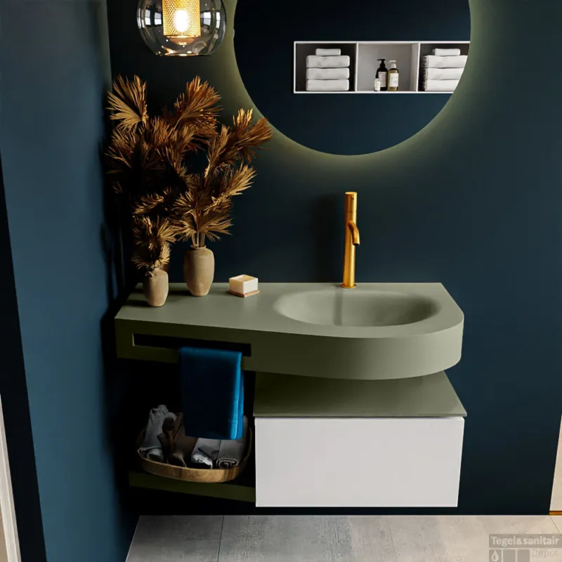 MONDIAZ RIVA 100cm badmeubel onderkast / planchet kleur Talc met 1 lade. Wastafel DULCET rechts 1 kraangat kleur Army. Rechtstreeks Van De Fabrikant