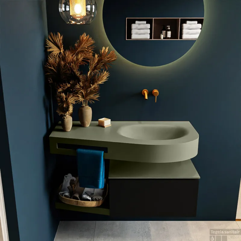 Aanbieding MONDIAZ RIVA 100cm badmeubel onderkast / planchet kleur Urban met 1 lade. Wastafel DULCET rechts 0 kraangaten kleur Army.