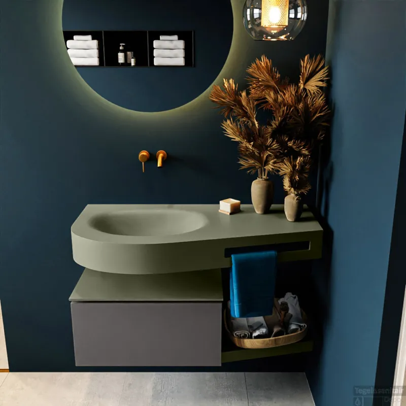 MONDIAZ RIVA 100cm badmeubel onderkast / planchet kleur Dark_Grey met 1 lade. Wastafel DULCET links 0 kraangaten kleur Army. Uitverkoop