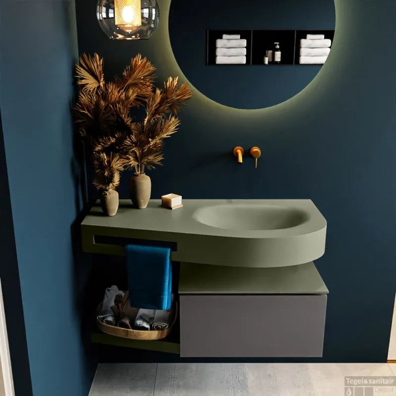 Aanbieding MONDIAZ RIVA 100cm badmeubel onderkast / planchet kleur Dark_Grey met 1 lade. Wastafel DULCET rechts 0 kraangaten kleur Army.