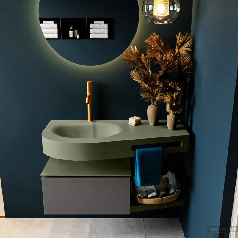 MONDIAZ RIVA 100cm badmeubel onderkast / planchet kleur Dark_Grey met 1 lade. Wastafel DULCET links 1 kraangat kleur Army. Merkproduct