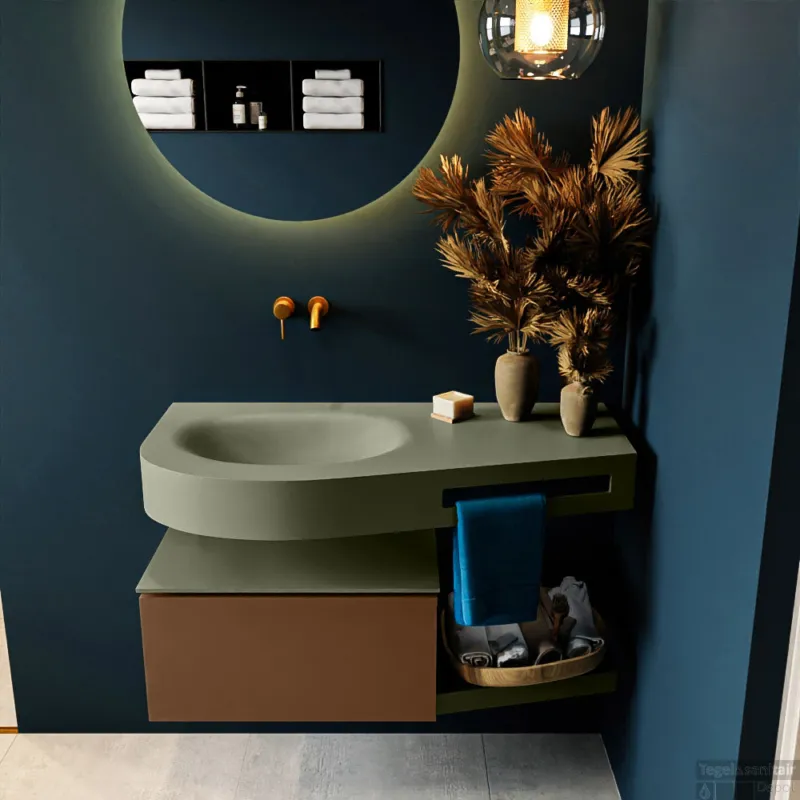 Speciale Aanbieding MONDIAZ RIVA 100cm badmeubel onderkast / planchet kleur Rust met 1 lade. Wastafel DULCET links 0 kraangaten kleur Army.