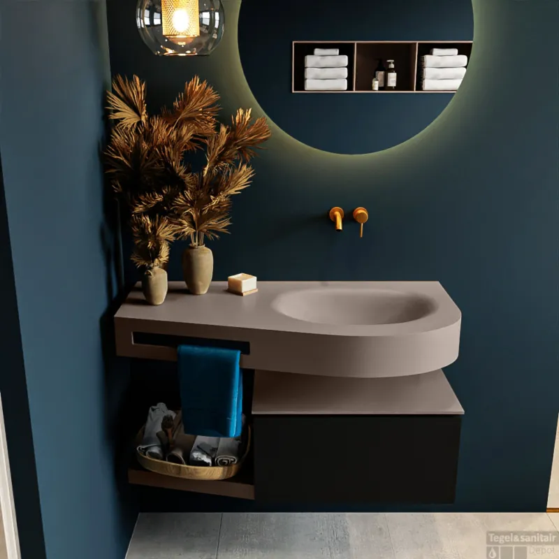 MONDIAZ RIVA 100cm badmeubel onderkast / planchet kleur Urban met 1 lade. Wastafel DULCET rechts 0 kraangaten kleur Smoke. Superprijs