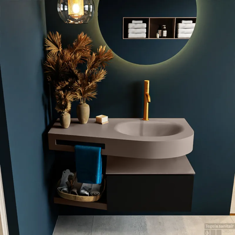 MONDIAZ RIVA 100cm badmeubel onderkast / planchet kleur Urban met 1 lade. Wastafel DULCET rechts 1 kraangat kleur Smoke. Speciale Aanbieding
