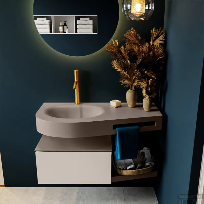 MONDIAZ RIVA 100cm badmeubel onderkast / planchet kleur Linen met 1 lade. Wastafel DULCET links 1 kraangat kleur Smoke. Aanbieding