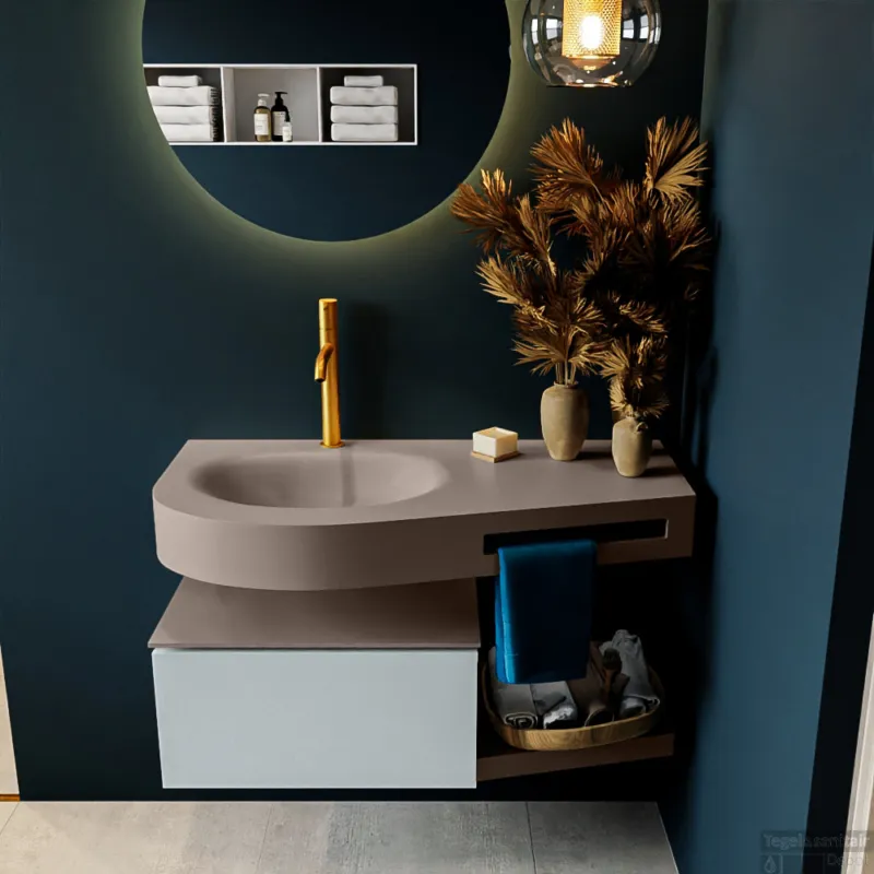 MONDIAZ RIVA 100cm badmeubel onderkast / planchet kleur Clay met 1 lade. Wastafel DULCET links 1 kraangat kleur Smoke. Beperkt Aanbod