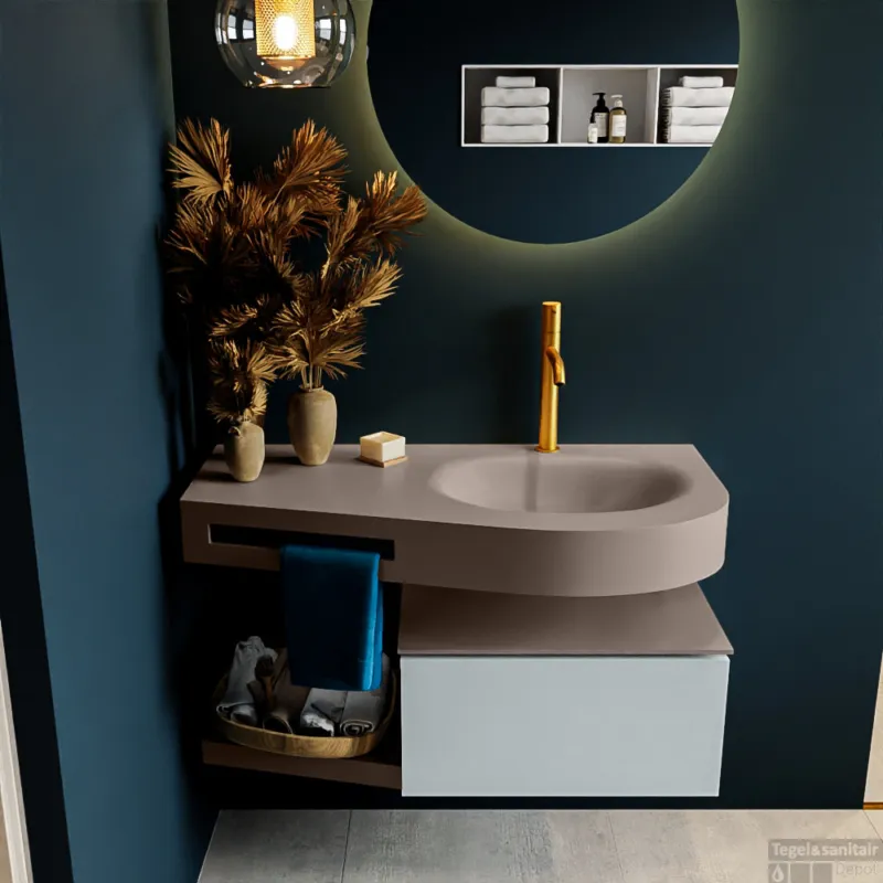 MONDIAZ RIVA 100cm badmeubel onderkast / planchet kleur Clay met 1 lade. Wastafel DULCET rechts 1 kraangat kleur Smoke. Bestel Nu