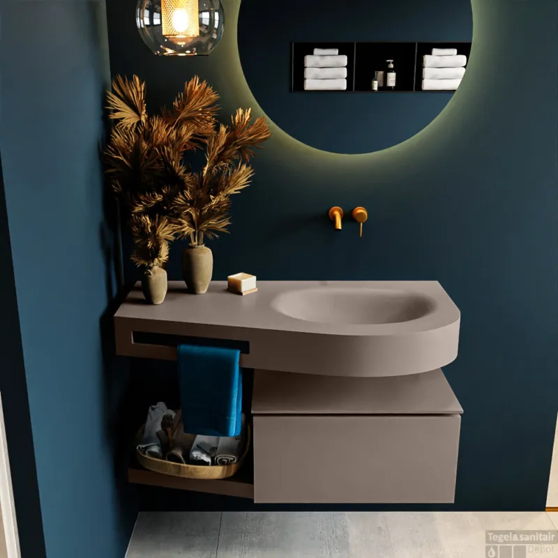 Aanbieding MONDIAZ RIVA 100cm badmeubel onderkast / planchet kleur Smoke met 1 lade. Wastafel DULCET rechts 0 kraangaten kleur Smoke.
