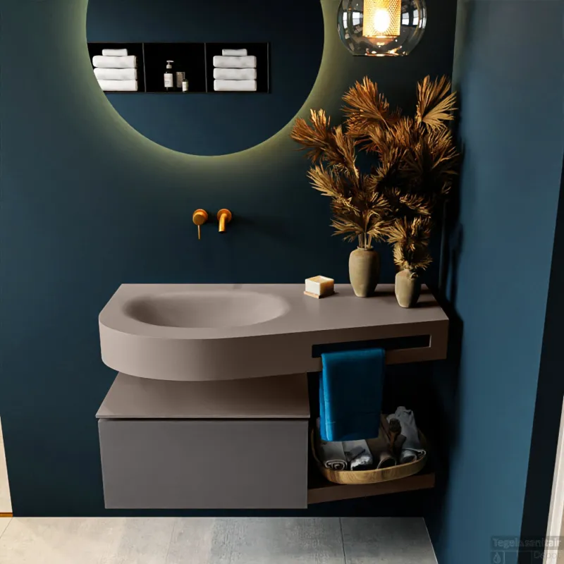 MONDIAZ RIVA 100cm badmeubel onderkast / planchet kleur Dark_Grey met 1 lade. Wastafel DULCET links 0 kraangaten kleur Smoke. Op = Op