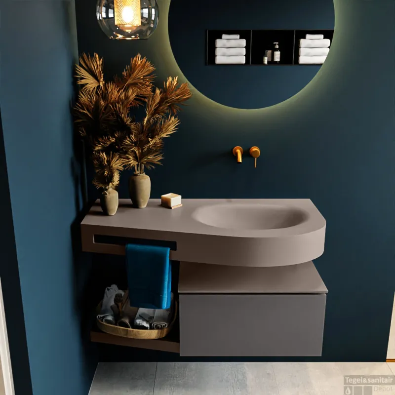 MONDIAZ RIVA 100cm badmeubel onderkast / planchet kleur Dark_Grey met 1 lade. Wastafel DULCET rechts 0 kraangaten kleur Smoke. Favoriet