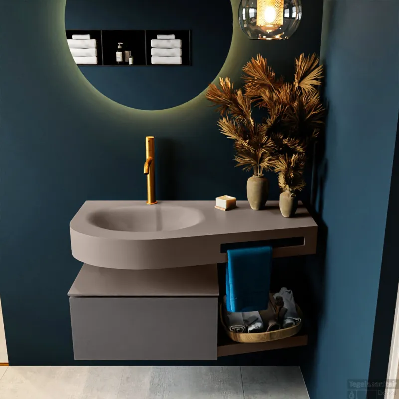 Betaalbaar MONDIAZ RIVA 100cm badmeubel onderkast / planchet kleur Dark_Grey met 1 lade. Wastafel DULCET links 1 kraangat kleur Smoke.