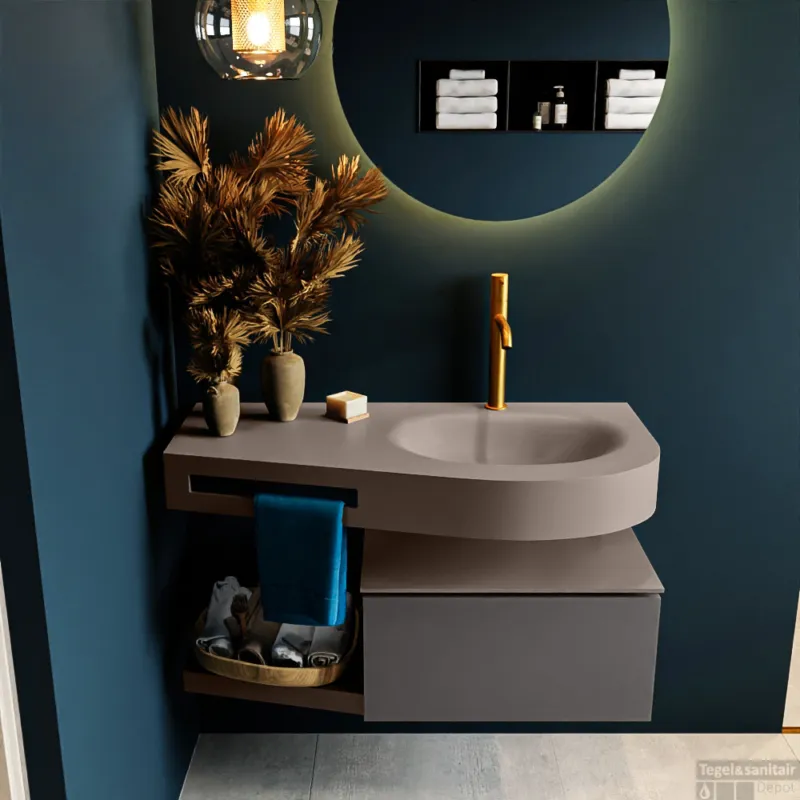 MONDIAZ RIVA 100cm badmeubel onderkast / planchet kleur Dark_Grey met 1 lade. Wastafel DULCET rechts 1 kraangat kleur Smoke. Snelle Levering