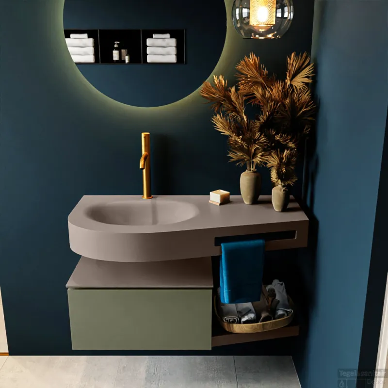 Exclusieve Aanbieding MONDIAZ RIVA 100cm badmeubel onderkast / planchet kleur Army met 1 lade. Wastafel DULCET links 1 kraangat kleur Smoke.